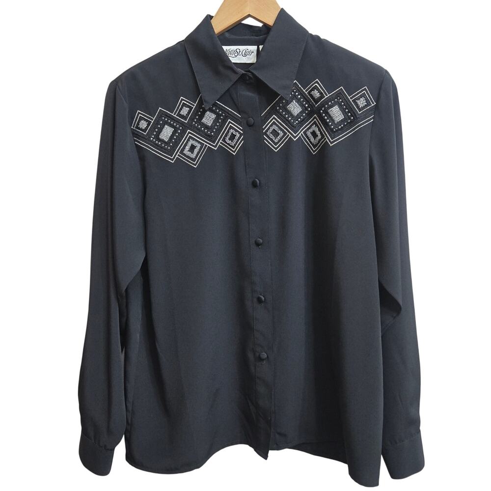 Yves St Clair Womens Vtg Western Rodeo Beaded Embroidered Black Button-Up Top L
